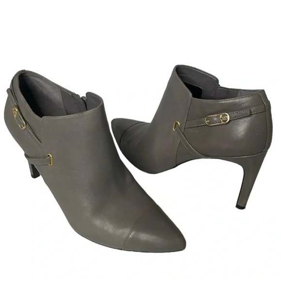 COLE HAAN Yasmine Pointed Toe Slim Heel Ankle Booties Grey Leather Buckle 9.5 - Picture 2 of 15